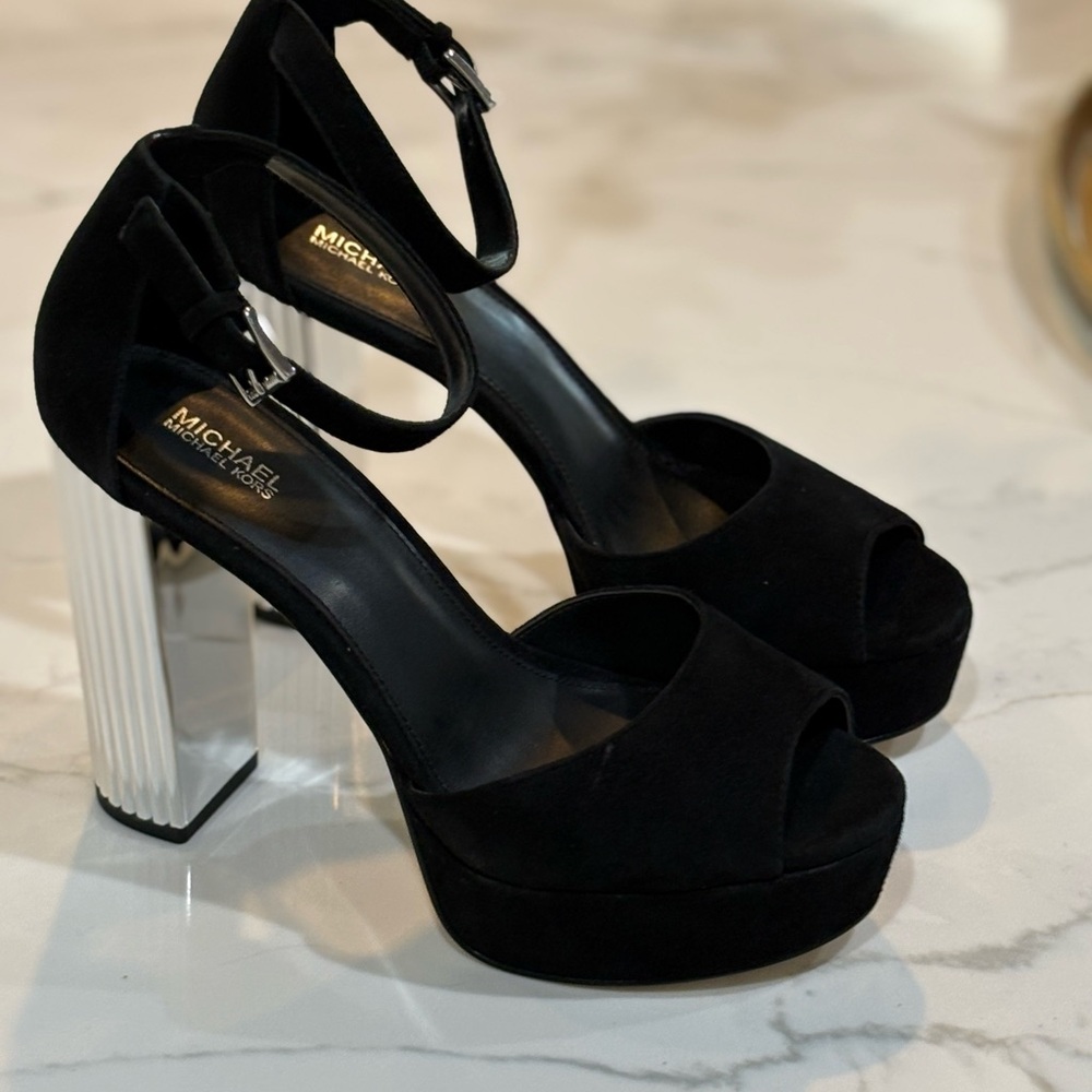 Michael Kors Black Suede Porter Ankle Strap Platform Peep Toe Heels